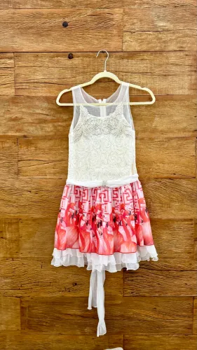 vestido infantil off white com flamingos 7-8 anos