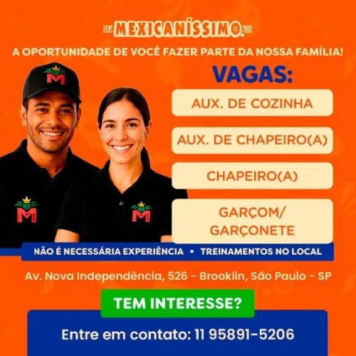 Vagas para Auxiliar de cozinha / garçom / garçonete / chapeiro