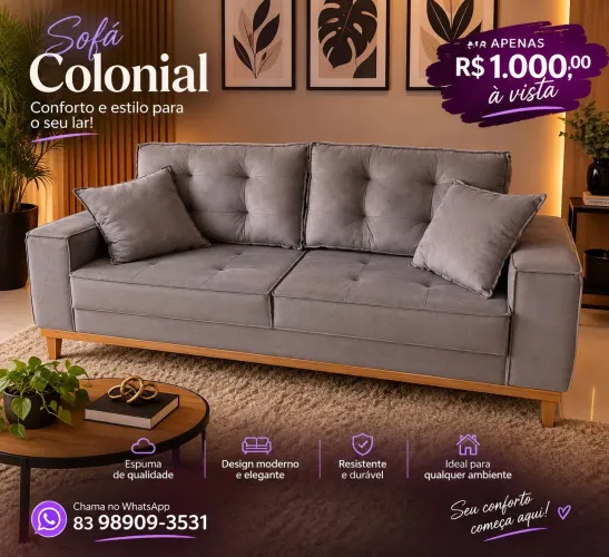 Sofá colonial novo direto de fábrica na cor cinza com duas almofadas incluídas.
