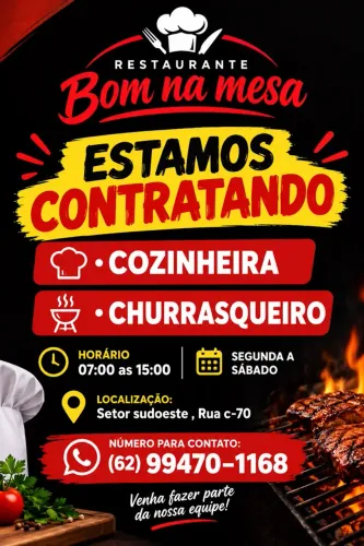 Estamos contratando Cozinheira e Churrasqueiro