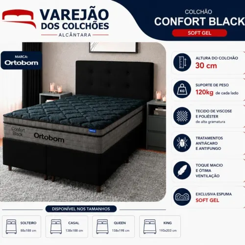 Cama Ortobom, colchão conforto Black + base casal. Loja física em Alcântara Sg.