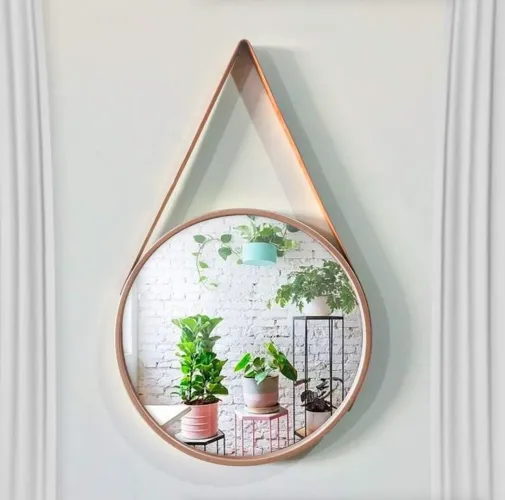 Espelho Redondo Decorativo com Alça de Couro