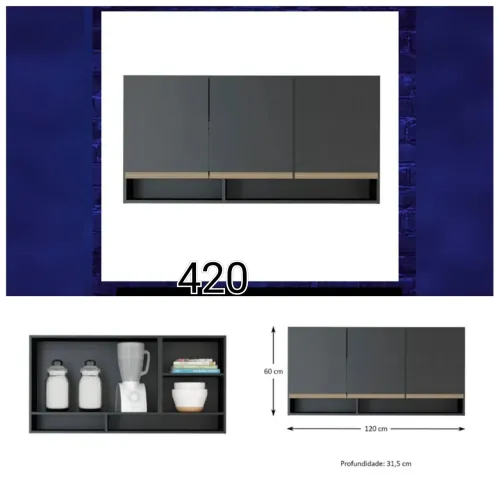 Armário de Parede 120cm Preto - Novo