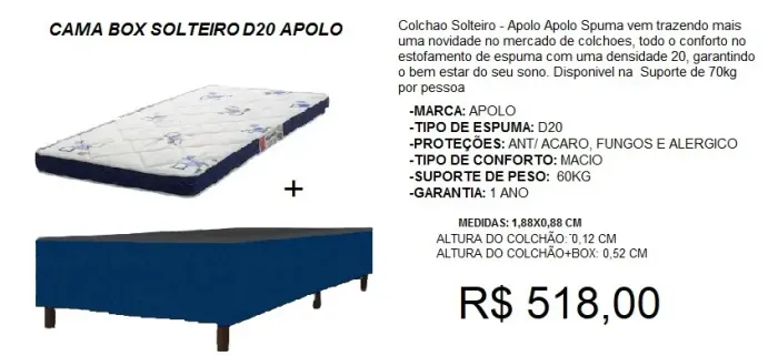 CONJUNTO SOLTEIRO COLCHÃO SOLTEIRO+COLCHÃO 
