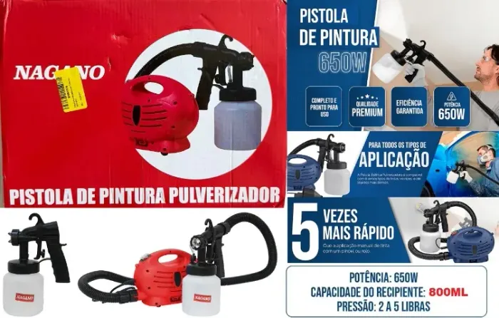 Kit completo de Pistola de Pintura Pulverizadora Nagano com Mini Compressor 650W 220V