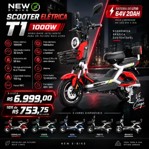 Scooter Elétrica New E-Bike T1 1000W 64V 20Ah Lítio NFC Aro 14