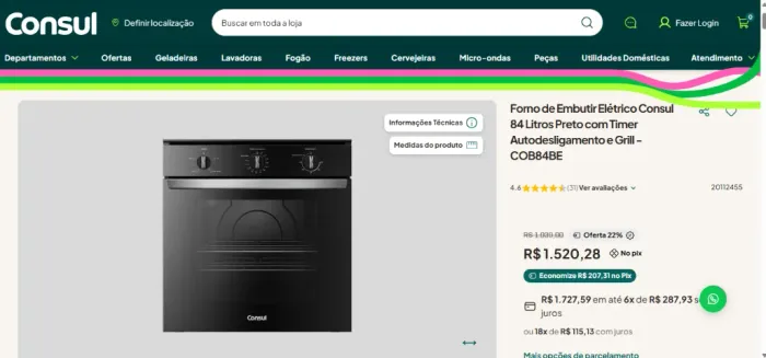 Forno de Embutir Elétrico Consul 84 Litros Preto com Timer Autodesligamento e Grill