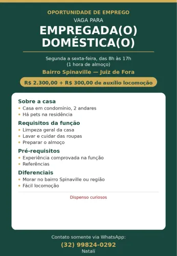 Vaga empregada doméstica condomínio Spina ville