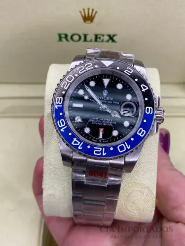 Relogio Rolex GMT Master II Premium Prata com Mostrador Preto Bezel Misto 