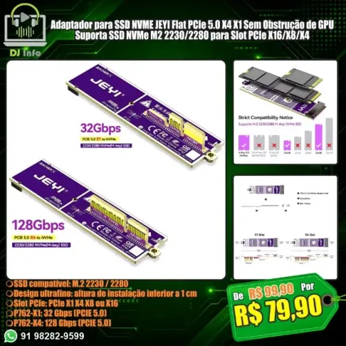 Adaptador para SSD NVME JEYI Flat PCIe 5.0 X4 X1 Sem Obstrução de GPU Suporta SSD NVMe M2
