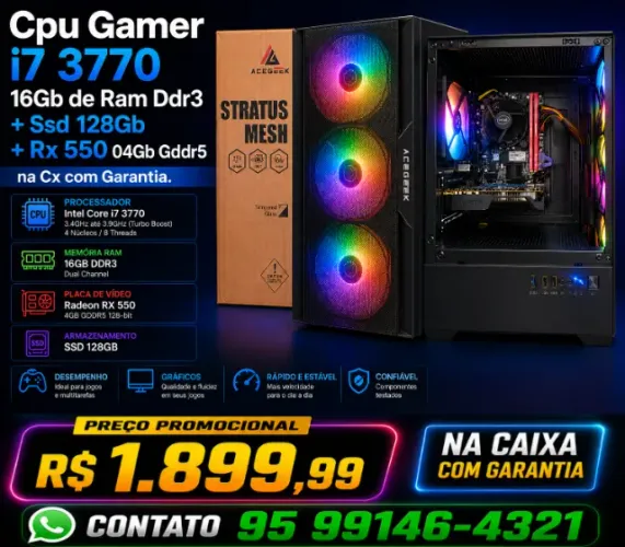 Cpu Gamer i7 3770 16Gb de Ram Ddr3 + Rx 550 04Gb Gddr5 na Cx com Garantia.