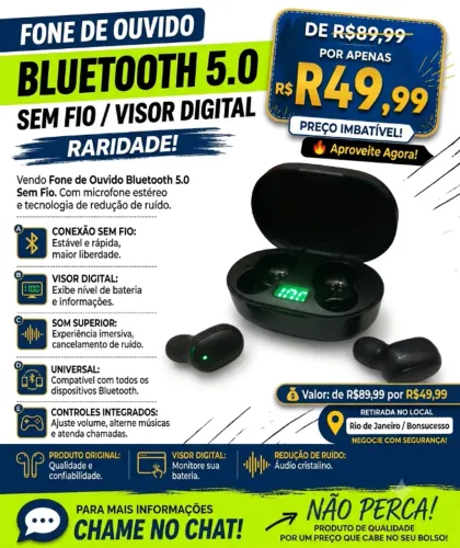 Fone de Ouvido Bluetooth 5.0 Sem Fio - Visor Digital, Estéreo, Redução de Ruído