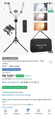 Ring Light Led Braço Duplo Articulado 45w + Tripé