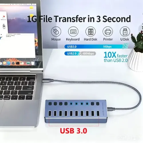 Hub USB 3.0 10 Portas, 5Gbps, em Alumínio