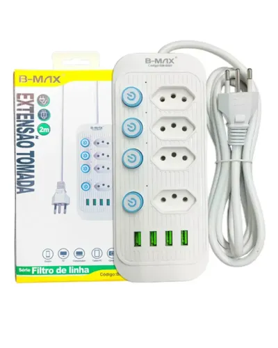 Extensão Tomada Filtro de Linha 2 Metros 4 Tomadas + 4 USB B-MAX