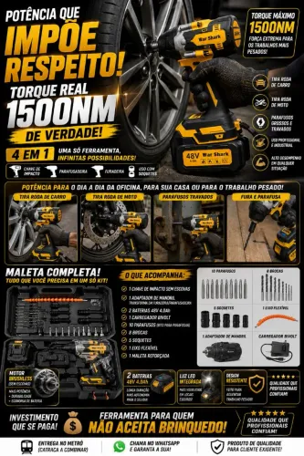  CHAVE DE IMPACTO WAR SHARK 4 EM 1 - 1500Nm TORQUE REAL | KIT COMPLETO COM 2 BATERIAS 