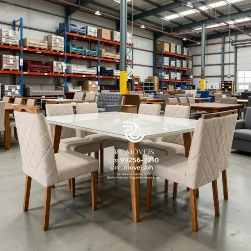 Conjunto Mesa de Jantar com 6 Cadeiras Madeira Tampo Vidro Laqueado 1,70x0,90 Castanho