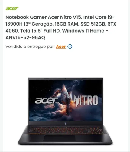 Note Gamer Acer Nitro V15 Novo R$ 5,500 intel i9 RTX 4060
