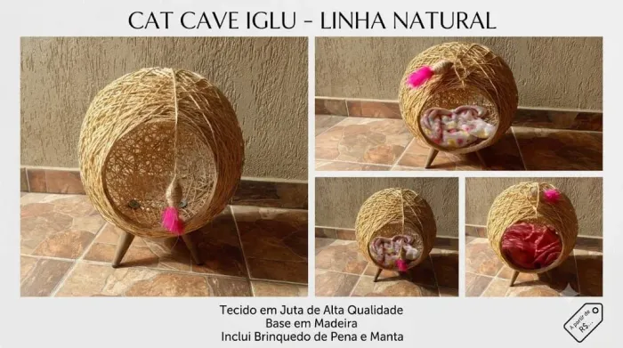 Casinha De Gato Iglu Artesanal "Cat Cave" Com  Almofada+Manta e Brinquedo