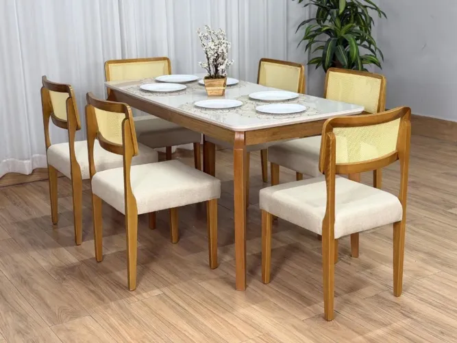 Mesa de Jantar Alegra c/Vidro 1.60×0.80 c/6 Cadeiras Entrega Rápida