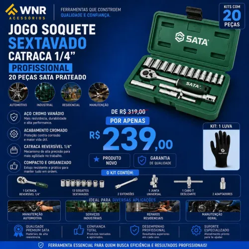 Jogo de Soquete Sextavado 20 peças SATA - KIT Maleta + Luva