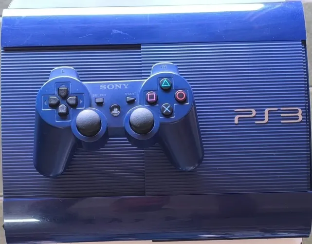 PS3 Super Slim AZUL, Funcionando TUDO, console raro, 500gb na TILTY'S GAMES
