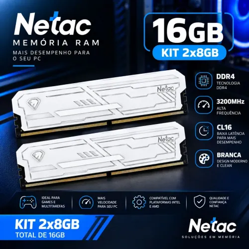 Memória RAM Netac 16GB (2x8GB) DDR4 3200MHz CL16 Branca - Lacrada