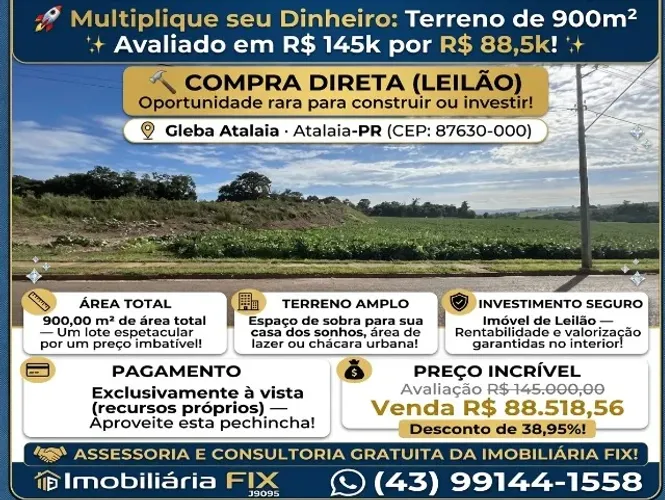 ? Multiplique seu Dinheiro: Terreno de 900m² Avaliado em R$ 145k por R$ 88,5k!
