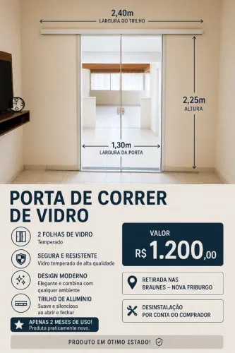 PORTA DE CORRER DE VIDRO TEMPERADO - PRATICAMENTE NOVA
