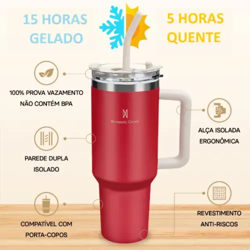 Copo Térmico Romantic Crown Inox 1200ml com Tampa e Canudo à prova de vazamento