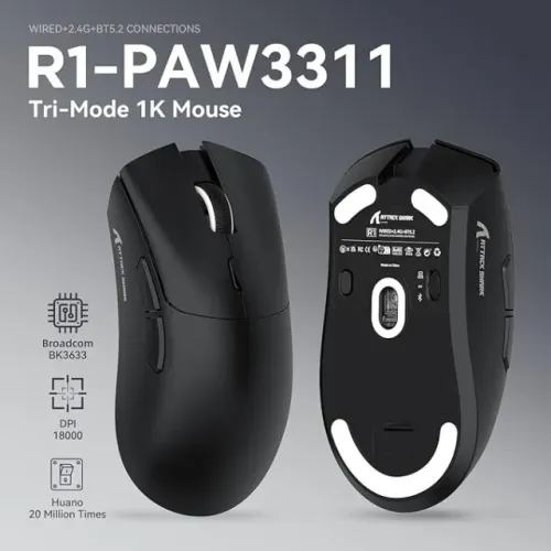 Mouse Sem Fio Gamer Attack Shark R1 18000dpi Paw3311 Tri Mode 1000hz, Pixart Paw3311, tri 