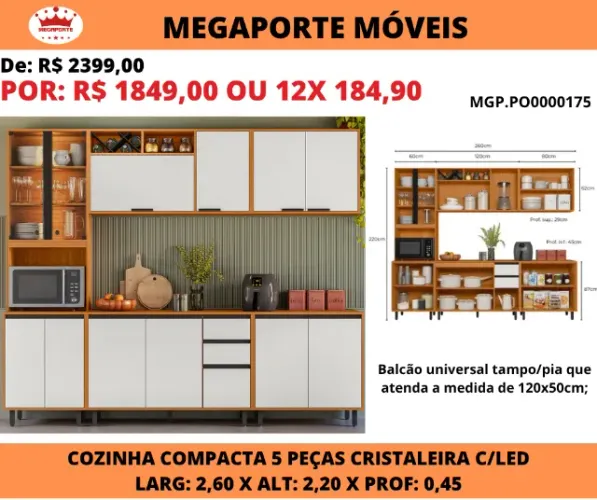 Cozinha Compacta 2,60 com 5Pçs Cristaleira com Led
