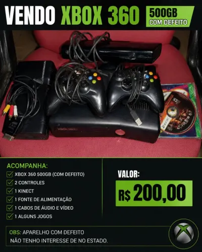 VÍDEO GAME XBOX 360 COM DEFEITO.