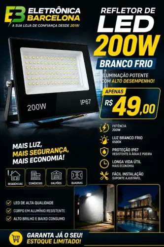 Refletor de Led 200W Branco Frio 
