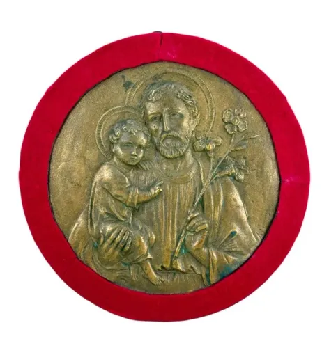 Antiga placa circular Bronze douradorepresentando Santo Antônio e Menino Jesus em relevo 