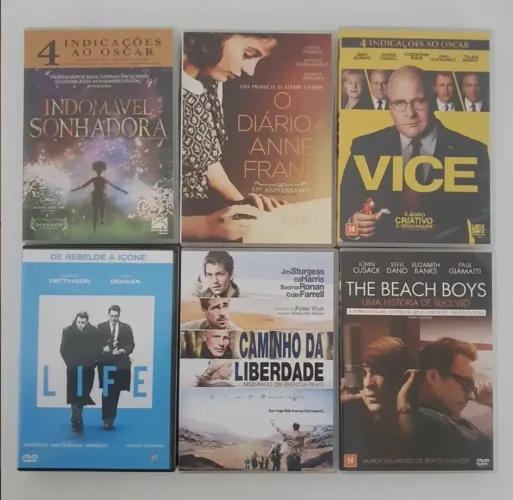 Kit de 6 filmes em DVDs originais: O diário de Anne Frank, Vice, Life, The Beach Boys, ...