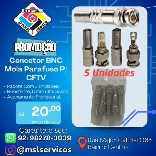Conector BNC Mola Parafuso p/ CFTV - Pacote com 5 Unidades