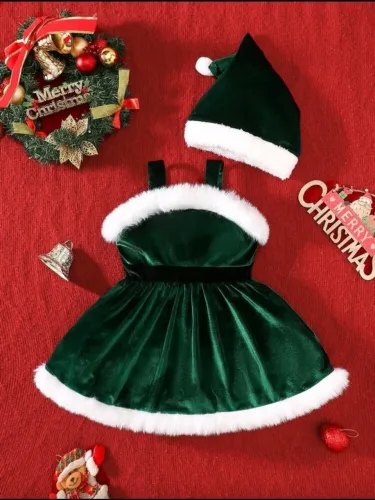 Vestido infantil de natal verde com gorro Mamãe Noel 12m a 18m 