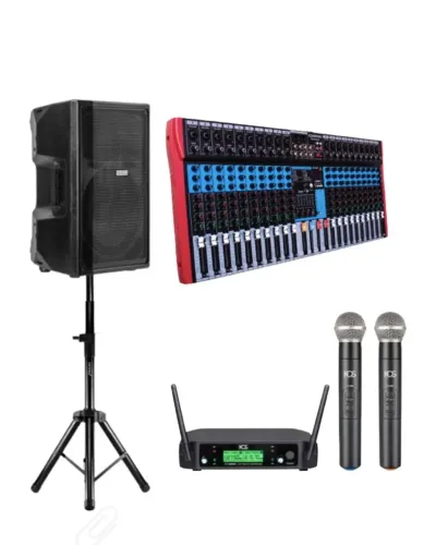 KIT Caixa De Som Ativa 350w Frahm Grf15a Plus+Mesa 20 Canais C/ Tripé + Microfone Sem fio