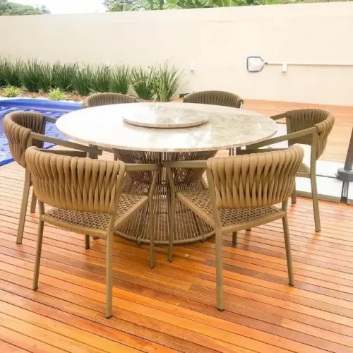 CONJUNTO MESA DE CORDA NÁUTICA COM 6 CADEIRAS DE TRICÔ NÁUTICO