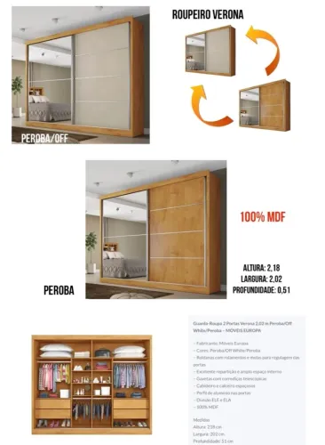Guarda-Roupa Verona 2 PTs 100%mdf 2,18x2,02
