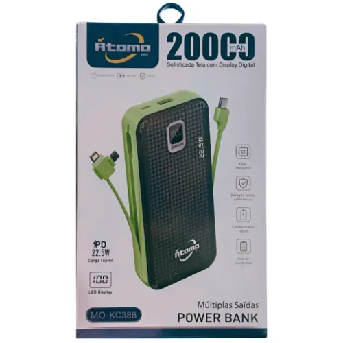 Power Bank Bateria Portátil 20.000mAh PD 22.5W QC3.0 Carga Super Rápida Universal