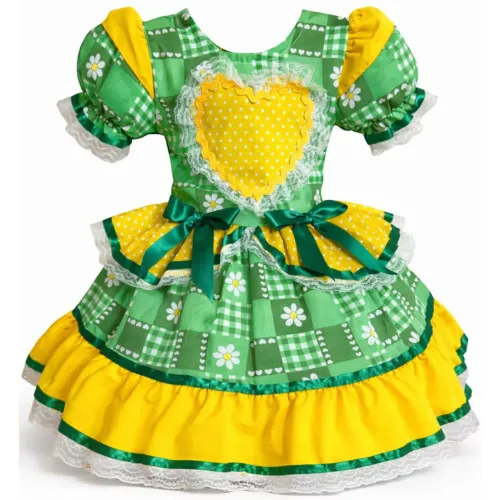 Vestido junino luxo verde e amarelo tamanho 10 (veste 6 anos)