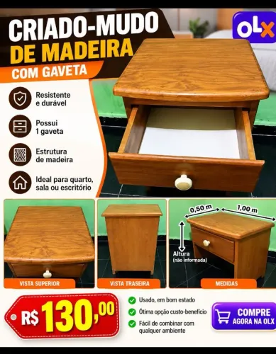 Criado-mudo de madeira com gaveta<br>? 1,00 m × 0,50 m