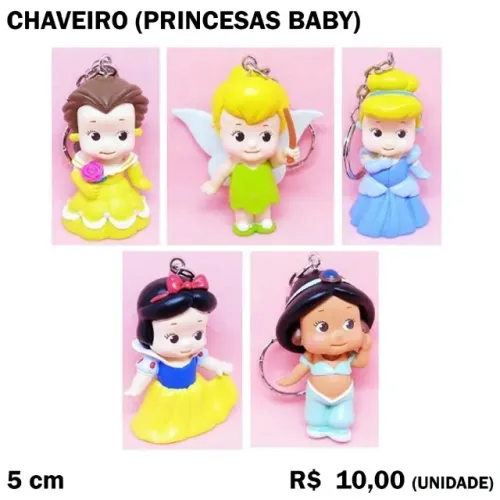 Chaveiro Princesas Baby - Bela, Sininho, Cinderela, Branca de Neve, Jasmine