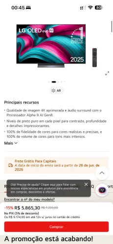 Smart TV LG OLED evo AI C5 4K de 55 polegadas 2025