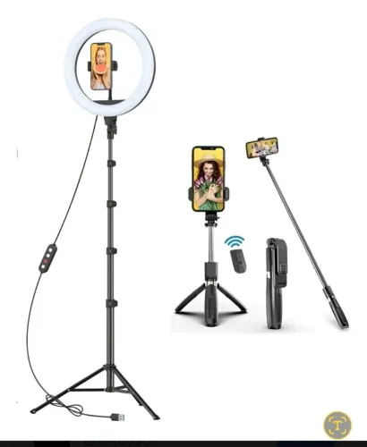Kit Toutuber - Tripé com iluminação e controle + Baião de Selfie com opção de tripé 