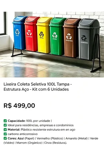 Kit novo de 6 lixeiras de coleta seletiva de lixo