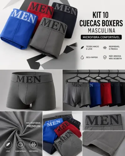 Kit 10 Cuecas Boxer Masculina em Microfibra | Conforto, Qualidade e Durabilidade