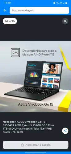 Notebook ASUS Vivobook Go 15 E1504FA AMD Ryzen 5 7520U 8GB Ram 1TB SSD